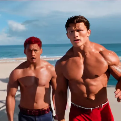 Image similar to Dwayne Johnson and Tom Holland in Baywatch. Movie still frame. 4k UHD.