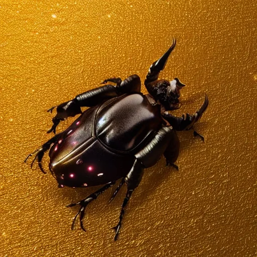 Image similar to Very high detailed rhinoceros beetle made of gold and metal standing on a carbon fiber background, big horn, robotic, nature, symmetrical, Greg Rutkowski, Charlie Bowater, Beeple, Unreal 5, hyperrealistic, dynamic lighting, fantasy art