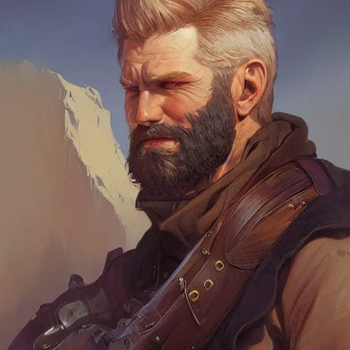 Image similar to bearded gunslinger, painted fantasy character portrait, headshot, fantasy, highly detailed, digital painting, artstation, concept art, sharp focus, illustration, art by the golden age of American illustration archive, artgerm and greg rutkowski and alphonse mucha