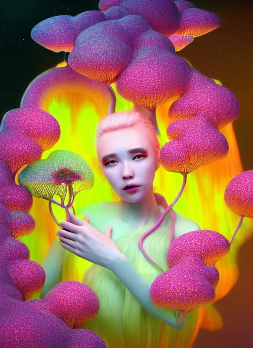 Image similar to hyper detailed 3d render like a Oil painting - kawaii Aurora (Singer) seen Eating of the Strangling network of colorful yellowcake and aerochrome and milky Fruit and Her delicate Hands hold of gossamer polyp blossoms bring iridescent fungal flowers whose spores black the foolish stars by Jacek Yerka, Mariusz Lewandowski, Houdini algorithmic generative render, Abstract brush strokes, Masterpiece, Edward Hopper and James Gilleard, Zdzislaw Beksinski, Mark Ryden, Wolfgang Lettl, hints of Yayoi Kasuma, octane render, 8k