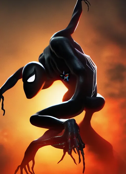 Image similar to photograph of a symbiote and spider - man hybrid, dslr, cinematic, volumetric lighting, 8 k resolution, photorealistic