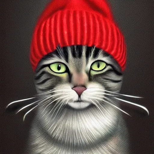 Prompt: A cat with red eyes smoking weed and wearing a beanie, photorealistic art