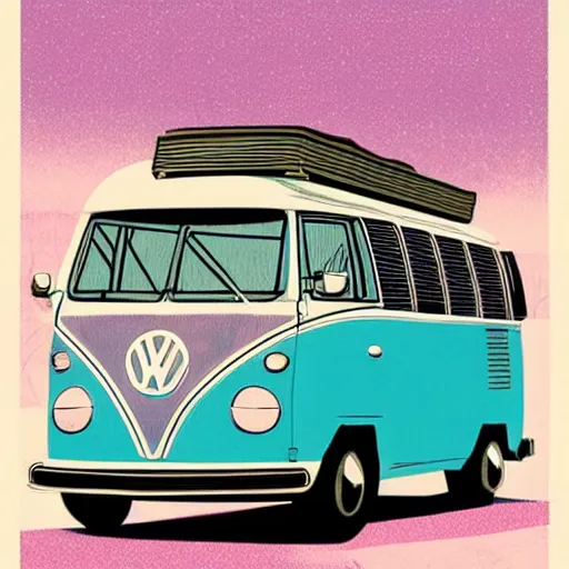 Image similar to illustration of an old van volkswagen, may 6 8, pastel colors, cool, hippie by victo ngai