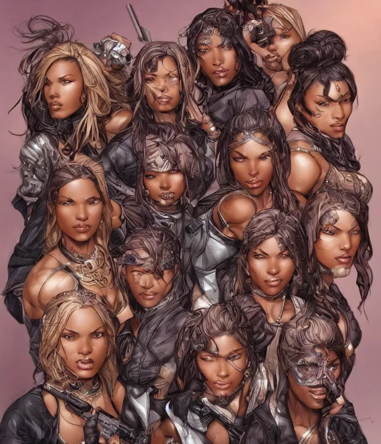 Image similar to a group of female thieves with unique clothes, brown skin, and different hair colours, beautiful, symmetrical facial features, detailed faces, intricate detail, smooth, sharp focus, arnold rendering, art by pepe larraz,