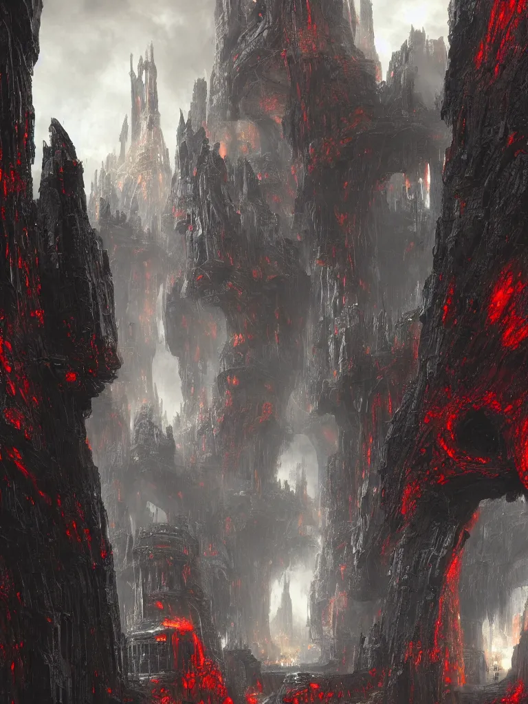 Prompt: inside vast echoing cathedral, interior, gigantic ancient aztec gateway in towering black temple stone wall stretching upwards, futuristic hovering obelisks with red glowing patches, scifi, science fiction spacecraft, tiny tribal people, ruins, vines, jagged blocks of stone, john berkey, james gurney, pengzhen zhang, daniel dociu, vladimir motsar