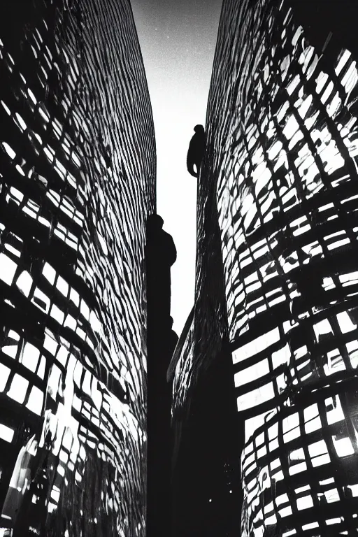 Prompt: view from below, man in reflective jacket closeup, night, the barbican behind, fashion photography, 3 5 mm photography, exposed b & w photography