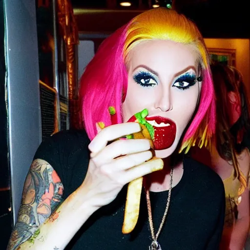 Prompt: paparazzi photo of jeffree star eating hamburger and fries