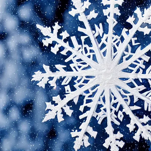 Image similar to close-up of an intricate snowflake against a navy backdrop