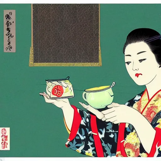 Prompt: Beautiful Japanese woman drinking tea with a snake by Toshio Saeki ultra high detailed