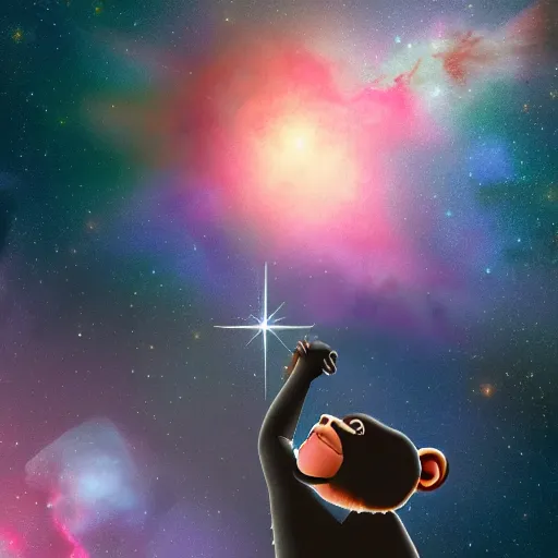 Image similar to a chimpanzee floating through outer space reaching out and touching nebula with it's finger, digital art, 8k