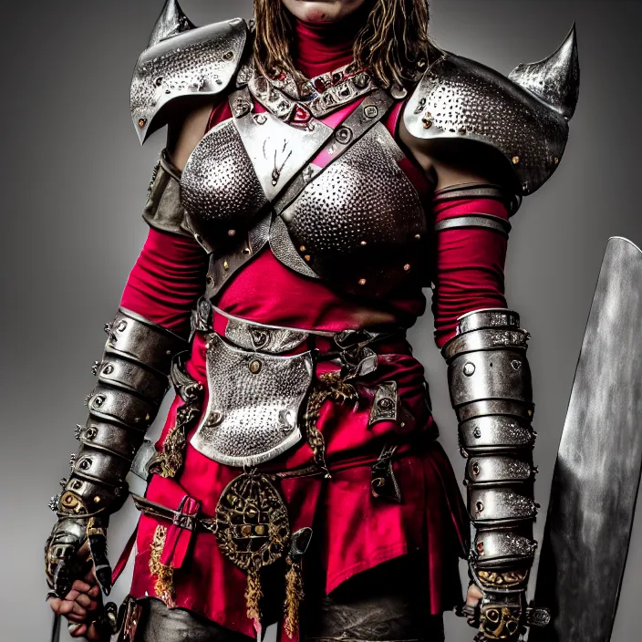 Image similar to photograph of a real-life female warrior with ruby encrusted armour. Extremely detailed. 8k