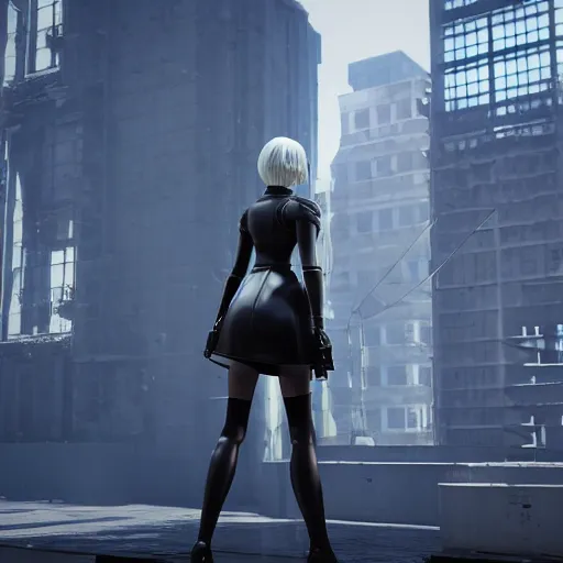 Prompt: 2 b nier automata standing in front of a tall building holding a gun, 3 d render, unreal engine, octane render, ray tracing, unity, highly detailed, high quality, hd, 4 k, 8 k, realistic, sharp, trending