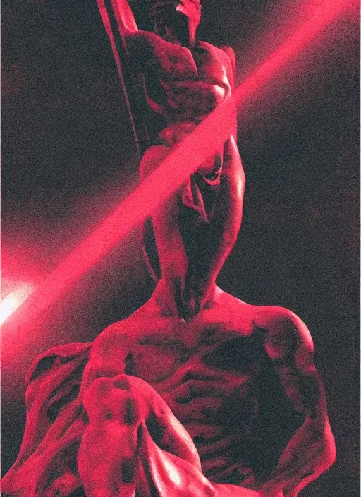 Prompt: dark design poster showing a close up of a statue of apollo, black background with very subtle red and purple design elements, powerful, nekro, vito acconci, thin straight lines, dark, glitch art, neo vaporwave, gritty, layout frame, square, trending on artstation