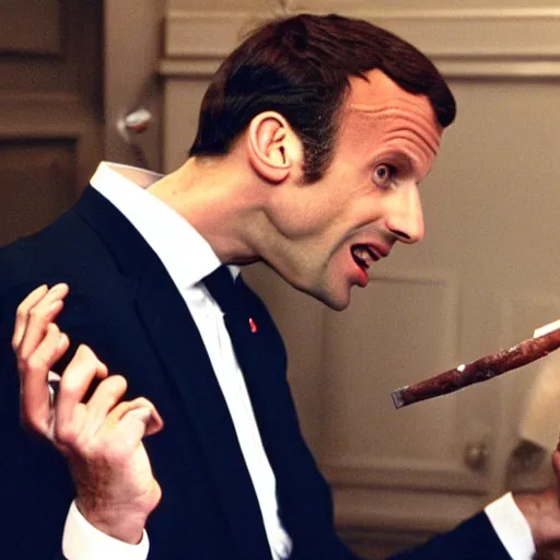 Image similar to Emmanuel Macron enjoying a big cigare, highly realistic details in American Psycho (1999)