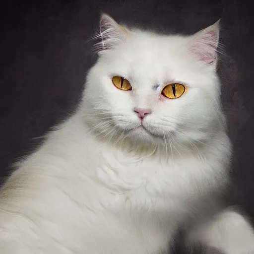 Prompt: a sad white fluffy cat with yellow eyes crying. fantasy portrait. 8k. high resolution. exquisite. extremely detailed.