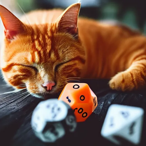 Prompt: realistic orange tabby cat lying in a sunbeam, the cat is next to a pile of D&D polyhedral dice, the cat is sleeping with closed eyes, eyes closed, award-winning photography, cozy, golden hour