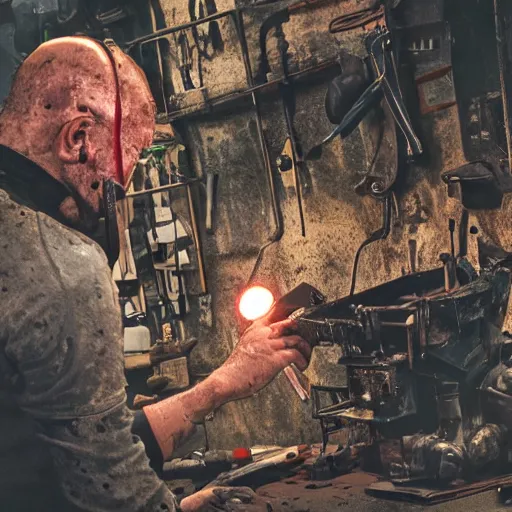 Image similar to half rusted old egg beater half stun - gun, balding older cyborg repairing, red hot soldering iron, dark messy smoke - filled cluttered workshop, dark, dramatic lighting, orange tint, cinematic, highly detailed, sci - fi, futuristic, movie still from blade runner