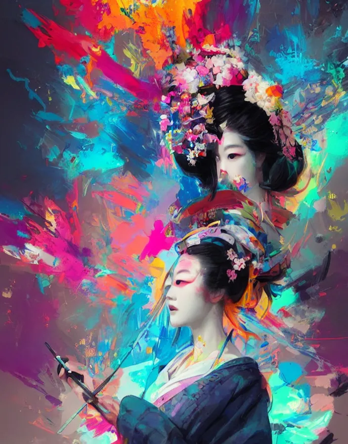 Image similar to a portrait of a geisha wearing a colorful kimono with graffiti tags, volume lighting, concept art, by greg rutkowski!!, colorful, xray melting colors!!