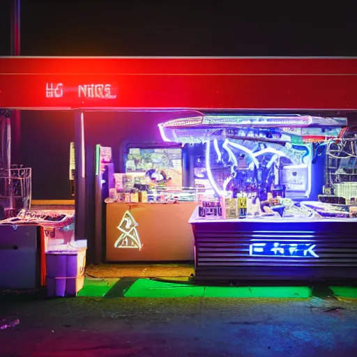 Image similar to a market stall at a futuristic cyber punk trade show in 2 0 5 5 from a distance, neon lighting, cinematic, dslr, unreal engine, hyper realistic