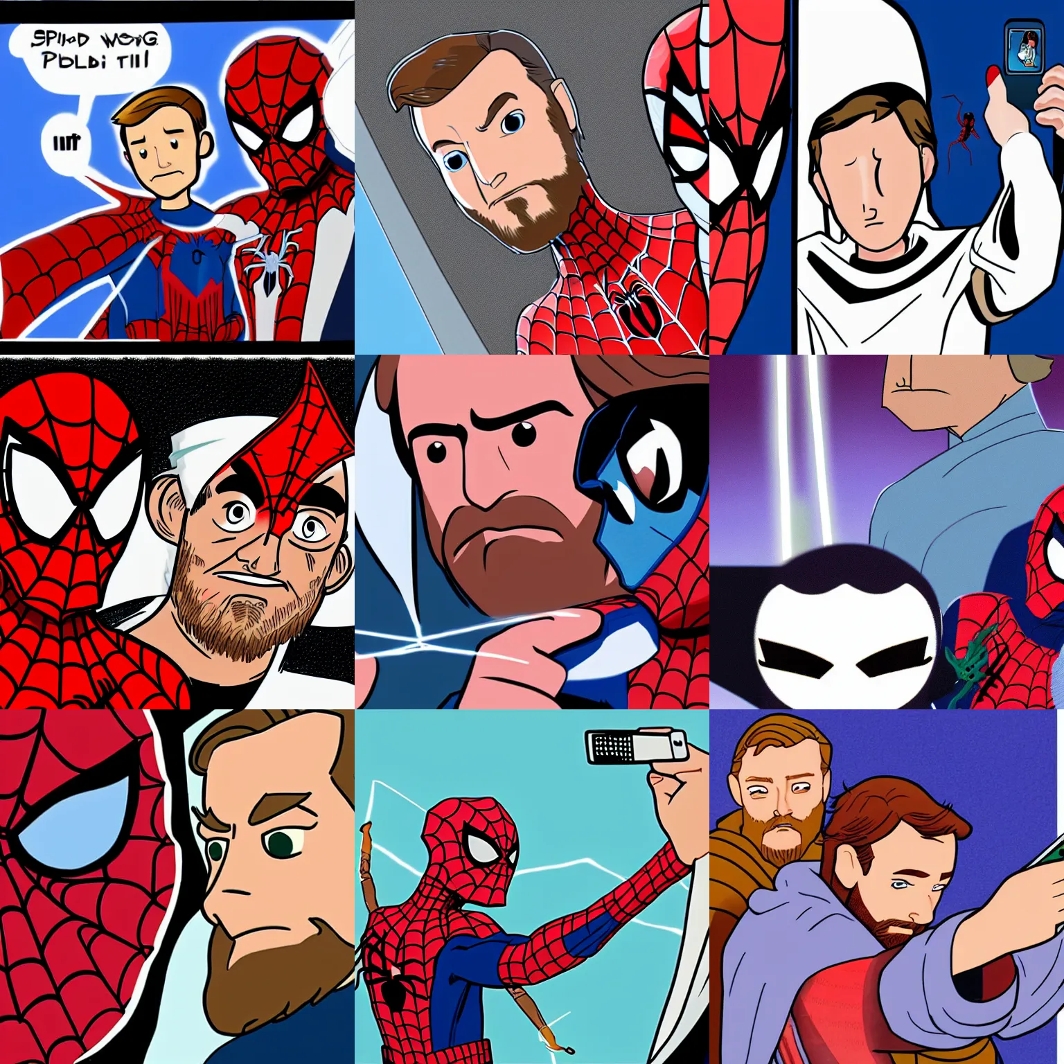 Prompt: obi wan taking a selfie with spider - man, cartoon style, closeup