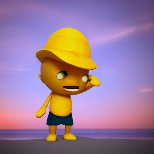 Prompt: 3 d render, chibi lemon character with an angry look on his face, he is wearing a hat, relaxing on the beach at sunset, beach, waves, sun, rim light, cinematic photography, professional, sand