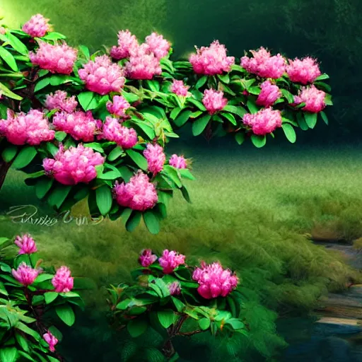 Prompt: rhododendron flowers in the english garden, photorealistic, 5 0 mm, evening light, artstation