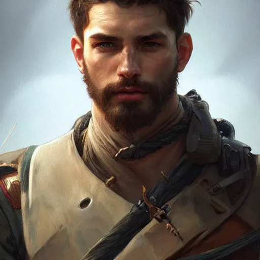 Image similar to portrait of rugged young male ranger muscular fantasy intricate elegant headshot portrait detailed face coherent face highly detailed digital painting artstation concept art smooth sharp focus illustration art by artgerm and greg rutkowski and alphonse mucha