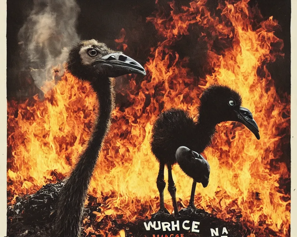 Image similar to a horror movie poster with an ostrich and a burning house with the words beware of the ostrich