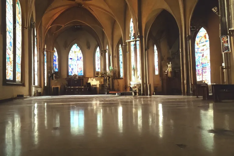 Image similar to low quality photo inside a church but the floor is melting into the universe