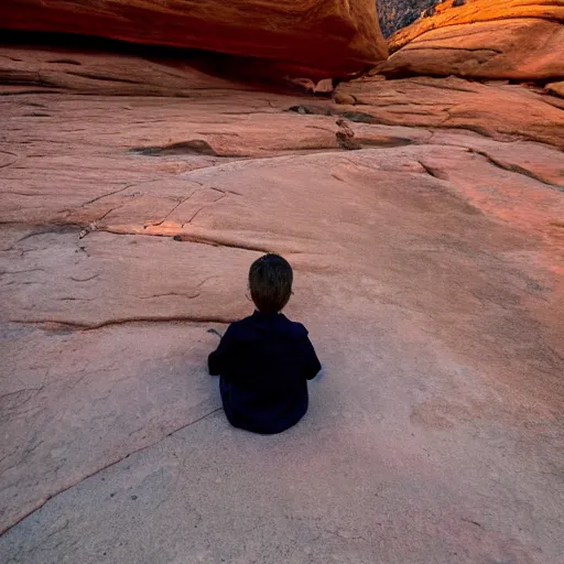 Image similar to award winning cinematic still of a young boy praying in zion national park, rock formations, colorful sunset, epic, cinematic lighting, dramatic angle, heartwarming drama directed by Steven Spielberg