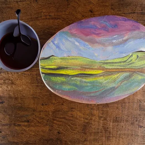 Prompt: robust landscapes, rounded brushstrokes, mixed art media, food photography on a cherry wood table in the middle of nowhere in Scandinavia, high quality,