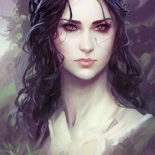 Image similar to yennefer of vengerberg in a field, detailed face, cute, playful, pearlescent, fantasy, featured on artstation, in the style of daniel gerhartz and krenz cushart, Alexis Franklin, Thomas River, WLOP, Artgerm by Charlie Bowater