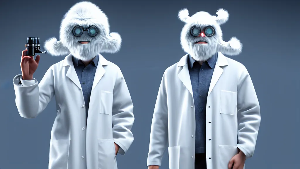 Image similar to a scientist who wears a scientist coat and has a yeti head for a head, 4 k, photorealistic, dramatic lighting