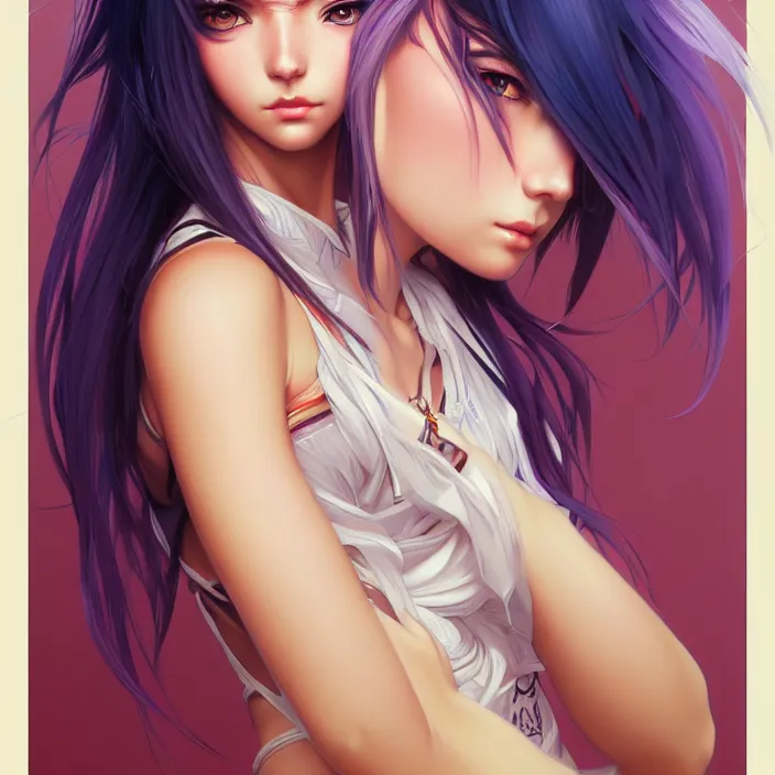 Image similar to portrait of beautiful symmetrical anime girl, rainbow hair, attractive, casual, modern, victoria's secret, highly detailed, digital painting, artstation, concept art, smooth, sharp focus, illustration, art by artgerm, greg rutkowski and alphonse mucha, 8 k,