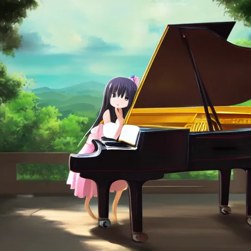 Prompt: a girl playing piano in the sky,anime,highly detailed