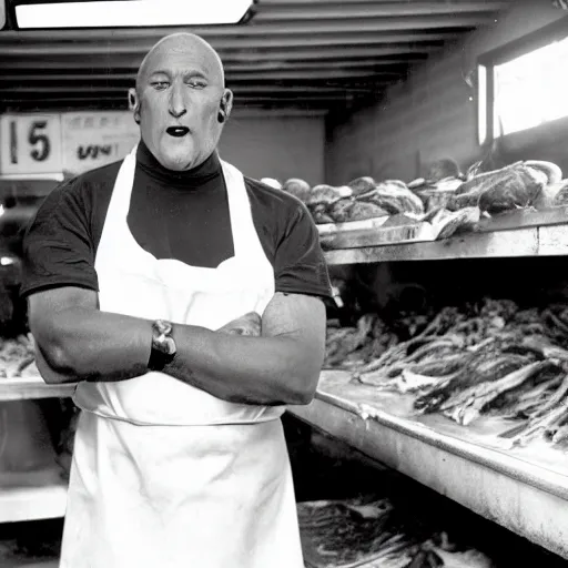 Image similar to big butcher man posing scarily, earie setting, in a butcher shop, horror, hyperdetailed