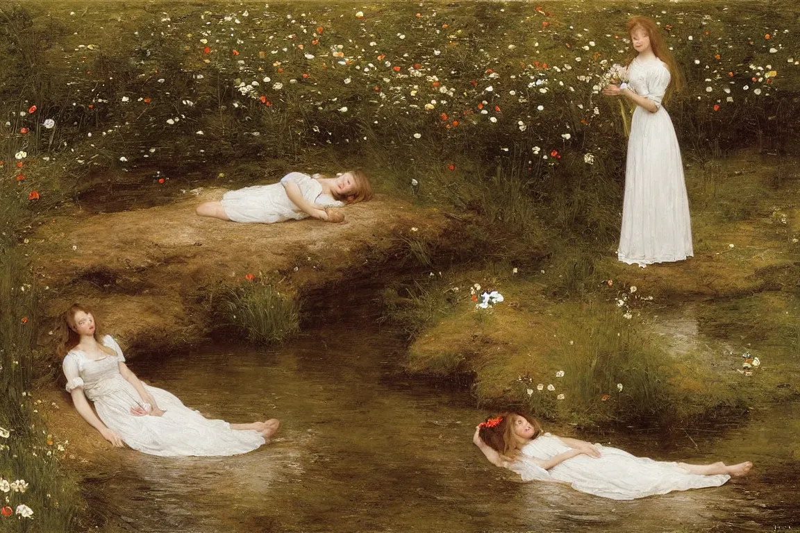 Image similar to Beautiful woman lying horizontal in a dark water stream. Flowers in hand. White dress, light dark long hair. Apathetic, pale. Poppies, daisies, pansies. Most accurate and elaborate studies of nature ever made. The background Hogsmill river in Surrey, rich Forest, dark, wood, bushes. Naturalistic. Painting by John Everett Millais.