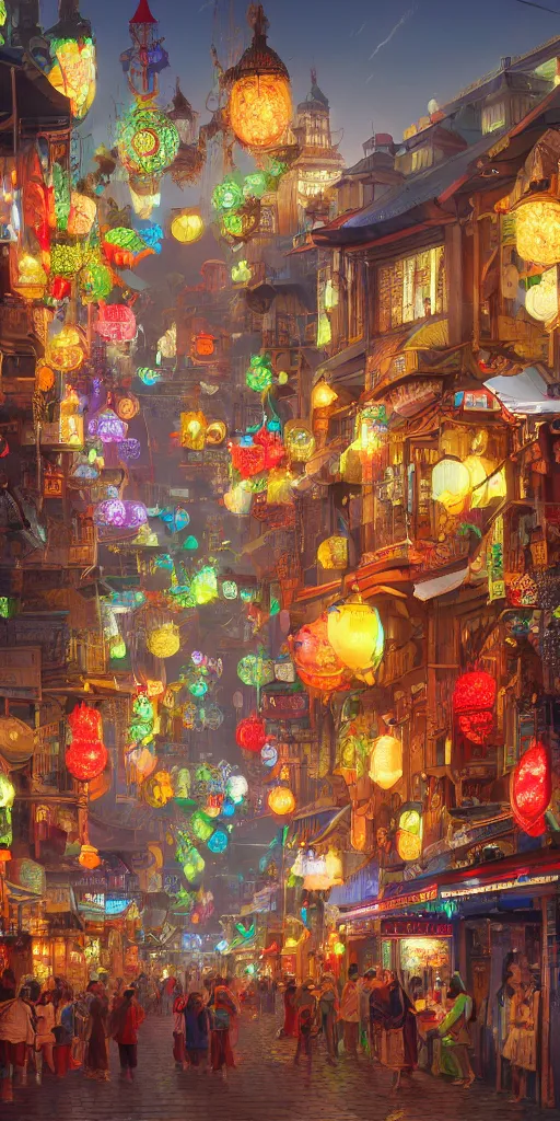 Image similar to Street view of a magical eastern civilization at day, built around ocean, full with people, a lot of lights, huge architectures. Trending on artstation