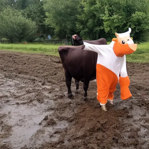 Prompt: person in a cow costume, stuck in mud, craigslist photo