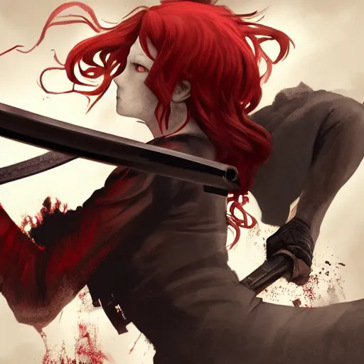 Image similar to a concept art of a boy and a girl with red hair holding a katana, gothic clothes, action shot, highly detailed, digital painting, artstation, concept art, smooth, sharp focus, illustration