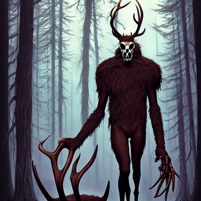 Prompt: rafeal albuquerque comic art, joshua middleton, artgerm : : wendigo monster with deer skull face, antlers, furry body, tall and lanky : : walking through the forest : : night time : : spooky, scary, fog