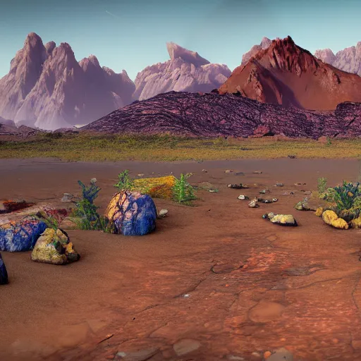 Prompt: photo of life on mars, thriving ecosystem, bright fauna, volumetric light, ponds, mountains, high detail, mountains, geoformations, sunlight