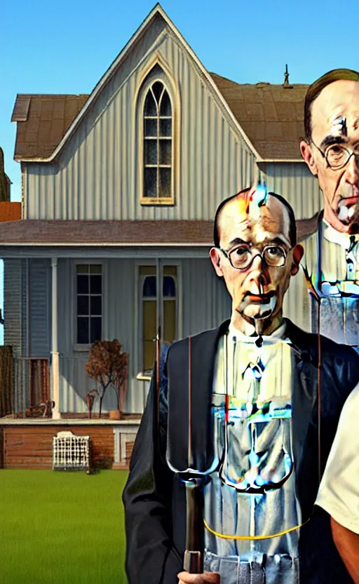 Image similar to American Gothic by Grant Wood in the style of GTA V loading screen