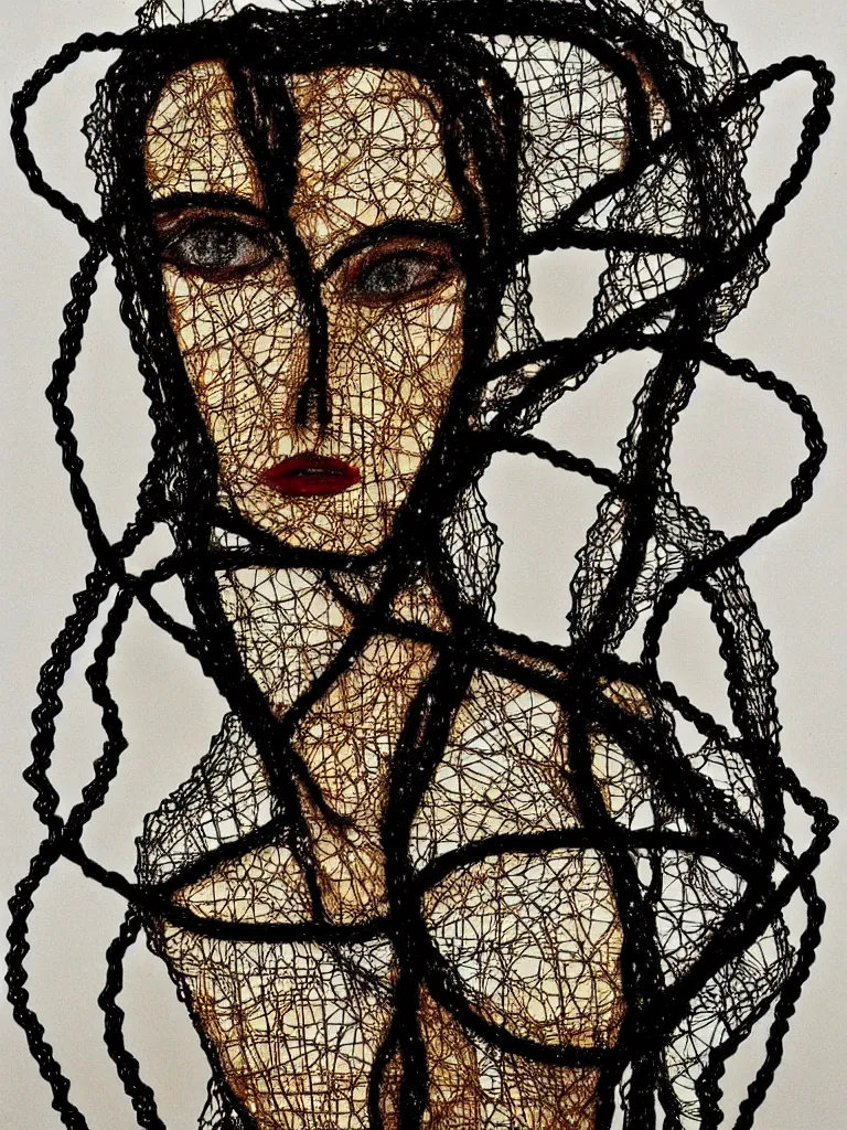 Image similar to metal wire art about an elegant woman. portrait influenced by egon schiele.