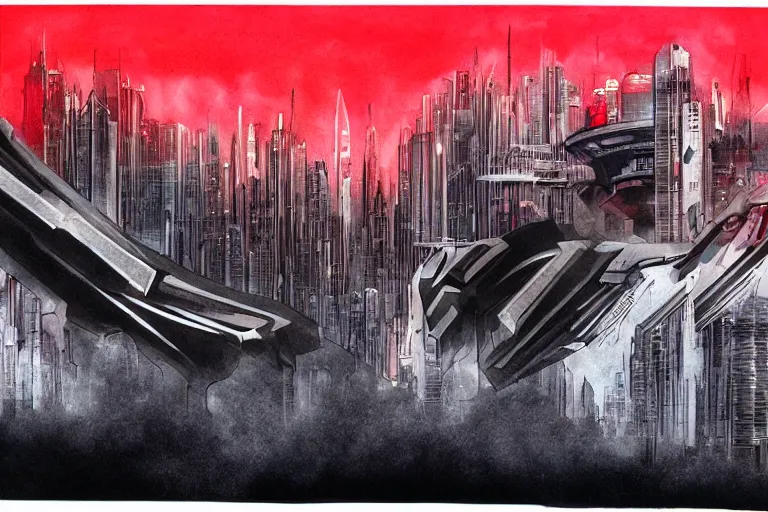 Image similar to futuristic, cyberpunk, martian architecture, minimalistic ink and red airbrush painting on white background, black outline