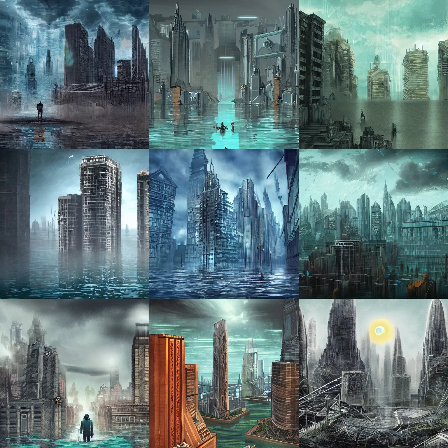 Prompt: ruination flooded city in the year 3030, digital illustration, skycrapers, alone