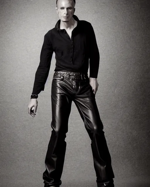 Prompt: an award - winning photo of an ancient male model wearing a plain boot cut flared distressed medieval designer menswear leather trousers designed by alexander mcqueen, 4 k, studio lighting, wide angle lens, 2 0 0 4