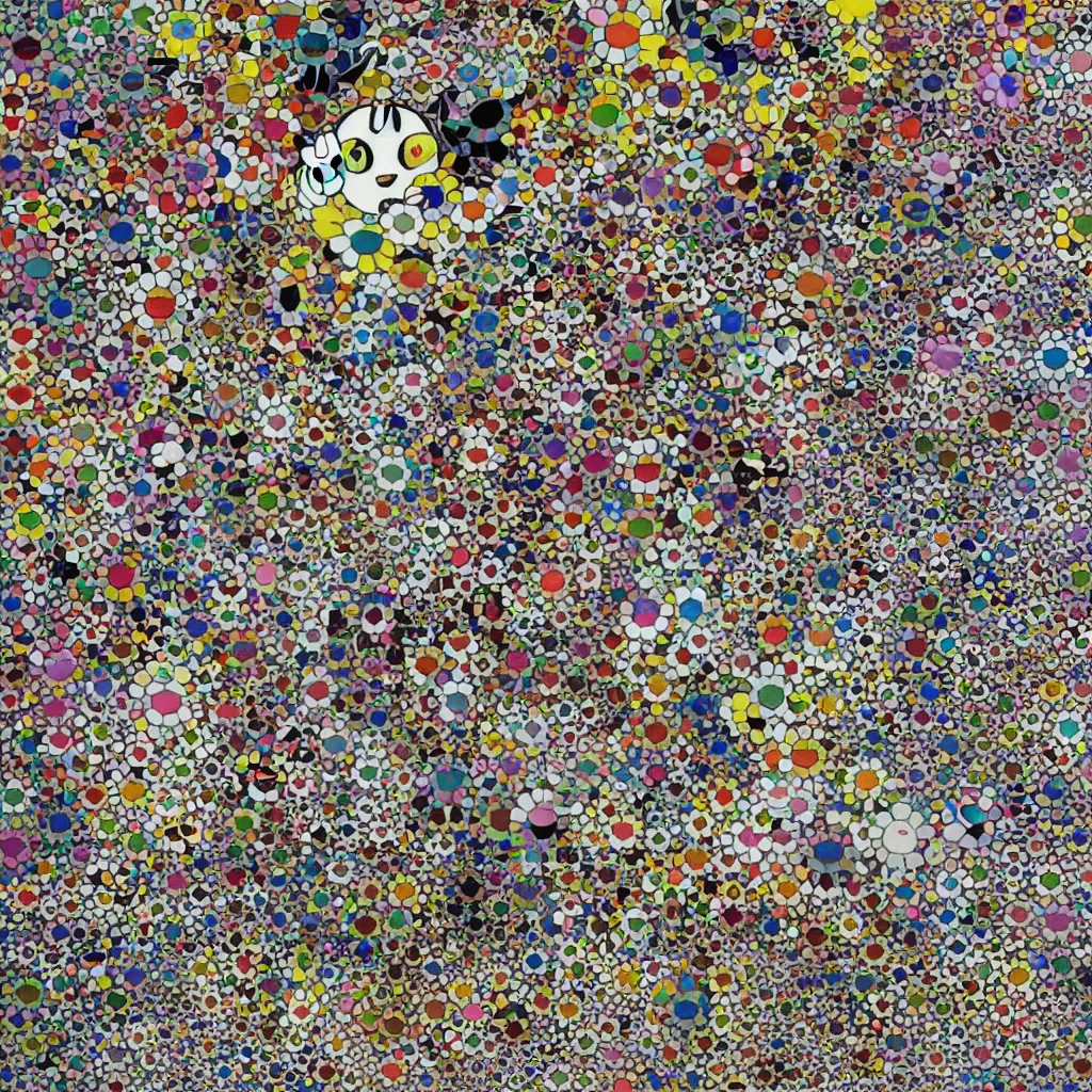 Image similar to camouflage made of love, takashi murakami artwork, abstract, rei kawakubo artwork, cryptic, stipple, lines, splotch, color tearing, pitch bending, lines, blotches, color splotches, dark, ominous, abstract, minimal, points, technical, painting