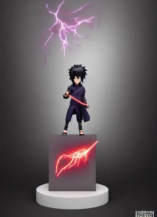 Image similar to chibi uchiha sasuke anime figurine, electricity, art by gerald brom, greg rutkowski and artgerm and james jean and zdzisław beksinski, unreal engine, studio lighting