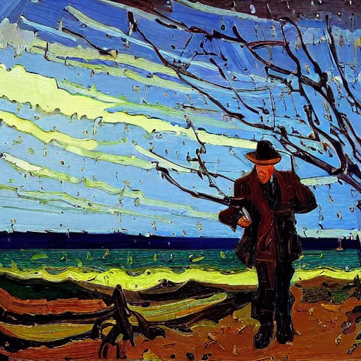 Image similar to beautifully lit by tom thomson, by antoine blanchard jaunty, lively. a computer art of a man caught in a storm, buffeted by wind & rain. he clings to a tree for support, but the tree is bent by the force of the storm. he is soaking wet. his face is contorted with fear & effort.